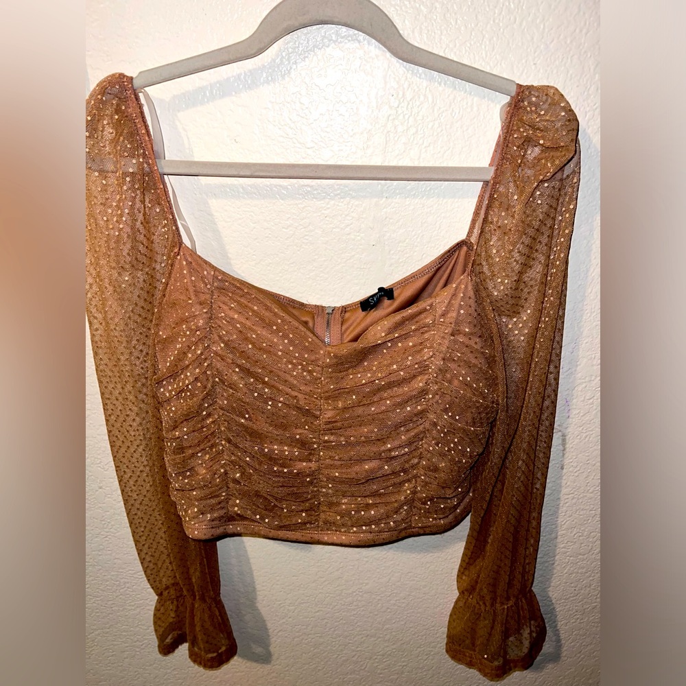 Gold sparkly off the shoulder blouse
